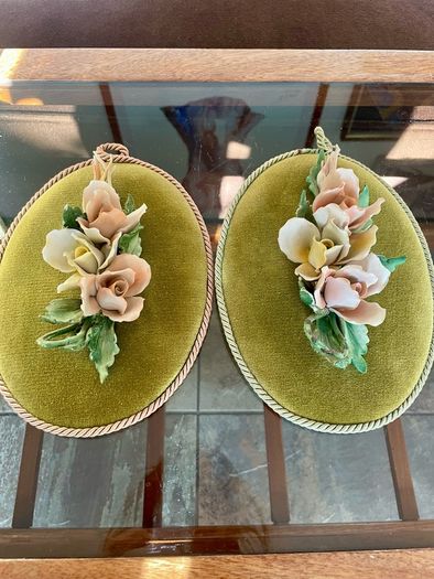 Vintage Pair Genuine Capo di monte 3D Porcelain Floral Wall Plaques with Label