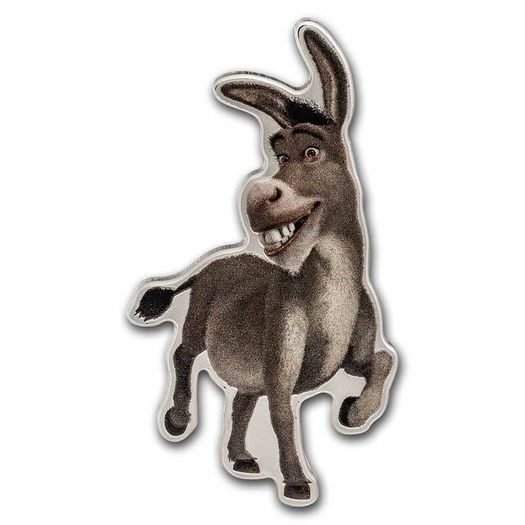 2021 Niue 1 oz Silver  Donkey Shaped Colorized Coin (Shrek). Proof.Mintage 1000