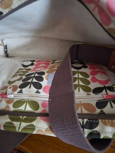 Orla Kiely Pink Green Tan Ivory Floral Stem Oilcloth Crossbody Bag