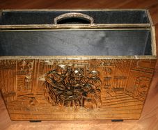 Embossed Hammered Brass and Wood Magazine Holder Double Slotted