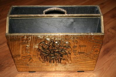 Embossed Hammered Brass and Wood Magazine Holder Double Slotted