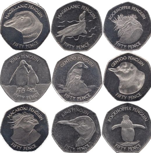 Falkland Islands Penguin 9 Coins 50 Pence 2 Sets UNC