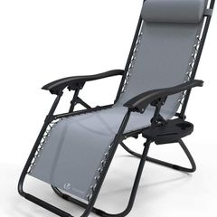 Zero Gravity Chair, Folding Sun Loungers, Recliner Garden Chairs, Outdoor Deck Chairs with Cup and Phone Holder, Grey