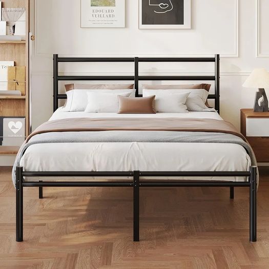 Double Bed Frame with Headboard and Footboard 4ft6 Metal Platform Bed Frame, 36 cm High, Modern Style, Under Bed Storage, Noise Free, Easy Assembly, Black