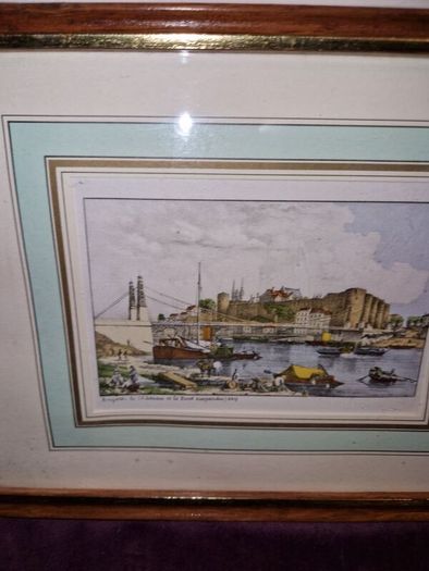 Antique Coloured etching of Angers Le Chateau Et Le Pont Suspendu