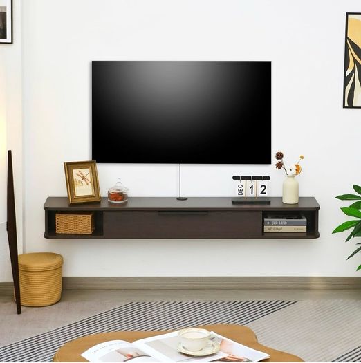 Wall-mounted TV Cabinet Stand, 140cm Floating Media Console Under TV, Entertainment Shelf Center for Bedroom and Living Room, Greyish-Coffee