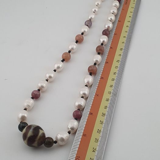 Himalayan Dzi Agate Pendant Necklace with Genuine Freshwater Pearls & Tourmaline