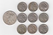 USA, Half Dollar, 1944, 90% silver coin and 9 Indian Head Nickles (no. 490)