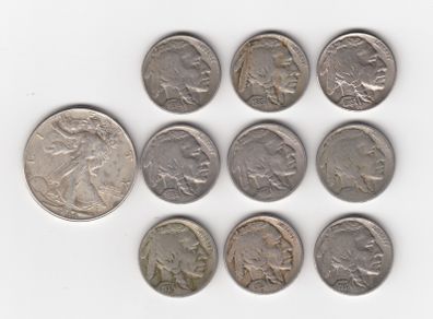 USA, Half Dollar, 1944, 90% silver coin and 9 Indian Head Nickles (no. 490)