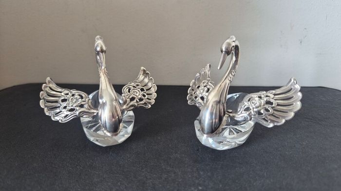 Rare vintage swan-shaped salt cellars crafted from 925 silver and cut crystal