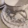 16 pieces set Rare find Johnson Brothers Ironstone  Snow White Pattern 1H1, Vintage Set Of 4 cups and saucers with side plates ,milk jug ,sugar bowl and large oval platter plate Swirl Edge, Platinum Trim Image 2