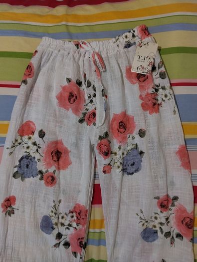 White Floral Cotton Trousers New With Tags