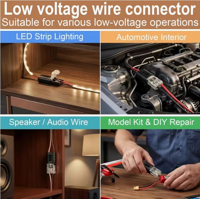 120pcs Double Wire Plug-In Connectors, 2-Pin Low Voltage Quick Connectors with Locking Buckle, No-Stripping Connectors for 18-22 AWG LED Strip, Speaker Wire, Wiring