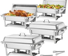 Rectangle Chafing Dish, 9.91L 4 Pack Stainless Steel Chafing Dish, Food Warmer Chafer Complete Set with Hollow Handle, 2 Food Tongs, Lid, Fuel Holder, Chafer Dishes for Banquet Party Wedding