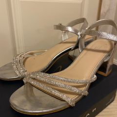 Sparkly silver sandals block heel