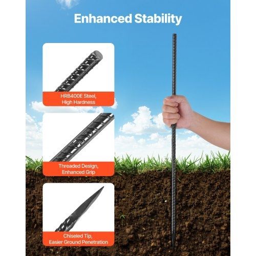Rebar Stakes, 609,6 mm / 24-Inch, Heavy-Duty 0.47 in Diameter, Straight Galvanized Steel Ground Anchors with Chisel Point End & Rust-Resistant Coating, for Gardening Support, Fence, Camping Tents (20-Pack)