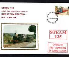 1998 Isle of Man Cover showing First Day Summer season 98 IOM Stam Railway No 2 10th April 1998 tying 25p definitive Stamp with Manx Postal Museum Douglas cancel and both Steam 125 & Carried on First MET Tram of Summer Season cancel