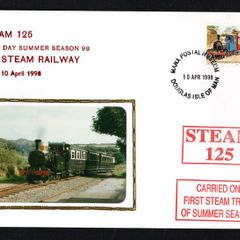 1998 Isle of Man Cover showing First Day Summer season 98 IOM Stam Railway No 2 10th April 1998 tying 25p definitive Stamp with Manx Postal Museum Douglas cancel and both Steam 125 & Carried on First MET Tram of Summer Season cancel