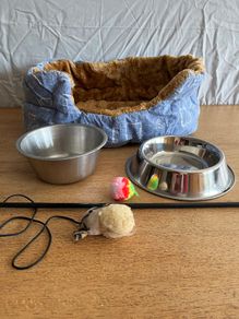 Pre-loved Pet bed + 2 bowls + toys