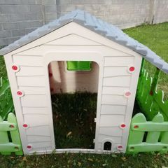 Kids Plastic Outdoor Playhouse with Garden Fence Attachment
