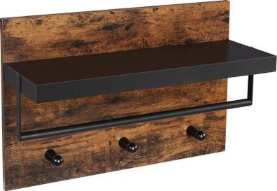 _Wall Coat Rack in Industrial Design, Vintage with 3 Hooks, Bar and Shelf 40 x 60 x 21.5 cm, Wood/Black