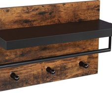 Wall Coat Rack in Industrial Design, Vintage with 3 Hooks, Bar and Shelf 40 x 60 x 21.5 cm, Wood/Black