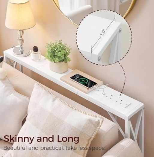 100 CM Narrow Sofa Table, Long Entryway Table, Hallway Table with USB Ports, Behind Couch Table with Power Outlets, White