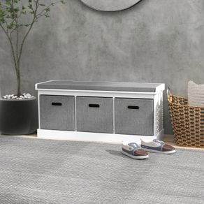 Three-Drawer Shoe Storage Bench, with Padded Top Seat - White