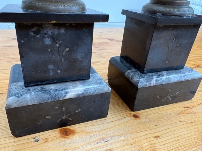 Matching pair of antique marble, slate and brass ornaments.