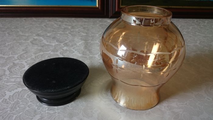 Vintage Etched Amber Glass Hurricane Lamp With Black Base Stand