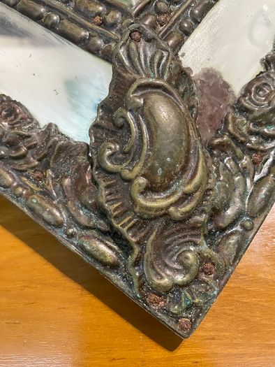 Antique Ornate Dutch Brass Repousse Cushion Wall Mirror Bevelled Glass