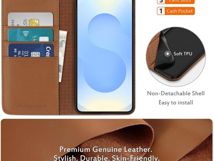 SHIELDON Wallet Case for Galaxy S25+ Plus, Genuine Leather, Saddle Brown