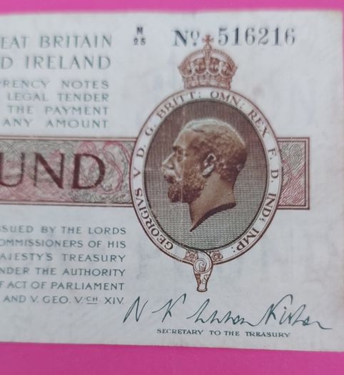 English 1919 One Pound Banknote Very Fine Condition