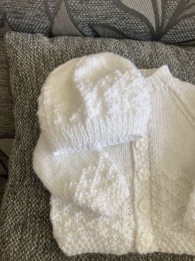 Hand knit cardigan and hat 0 to3 mths