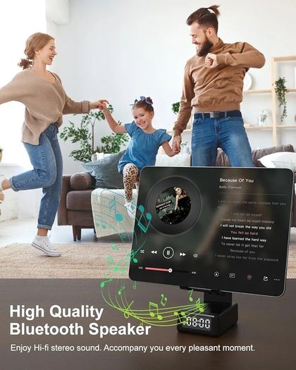 Birthday Gifts for Men Women, Bluetooth Speaker with Wireless Charger & Phone Stand, Gifts for Him, Foldable Angle & Height Stand with Alarm Clock, Ideal for Dad Mom, Tech Gadget Stocking Fillers