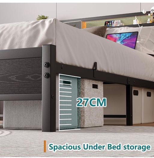 King Size Bed Frame with Storage,LED Lights,5ft Metal Bed Frame Kingsize Bed Frame with Charging Station,Mattress Foundation,Strong Steel Slats Support,Noise Free,Black