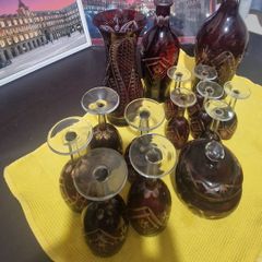 Stunning 15-Piece Vintage Ruby Red Cut-to-Clear Crystal Glassware Set - Bohemian / Egermann Style
