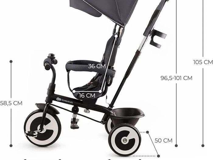 Tricycle, Baby Push Trike, Kids First Bike, Free Wheel Functions, Parenthandle, Footrest, Accessories, Bag, Cupholder, from 9 Months to 5 Years, Gray