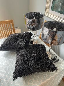 Two Bedside Lamps - chrome stands with black chiffon pleated shades with crystals. Still in wrapping, never used.
