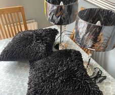 Two Bedside Lamps - chrome stands with black chiffon pleated shades with crystals. Still in wrapping, never used.