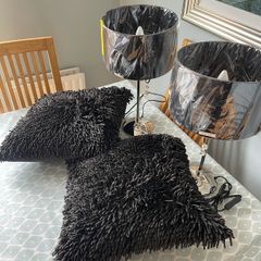 Two Bedside Lamps - chrome stands with black chiffon pleated shades with crystals. Still in wrapping, never used.