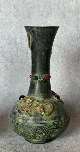 Two Chinese Dragon Vases  - Patinated Bronze, Signed