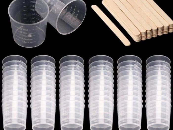 60 Pack 30ml Plastic Mixing Cup Measuring Cups Graduated Cups with 50 Pack Wooden Stirring Sticks Plastic Mixing Kit for Mixing Resin Paint Stain Epoxy (FREE POSTAGE)