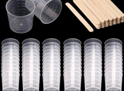 60 Pack 30ml Plastic Mixing Cup Measuring Cups Graduated Cups with 50 Pack Wooden Stirring Sticks Plastic Mixing Kit for Mixing Resin Paint Stain Epoxy (FREE POSTAGE)