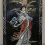 Vintage large Japanese Mother of Pearl Wall Panel / Black Lacquer Geisha Warrior & Floral ORIENTAL WALL ART Image 2