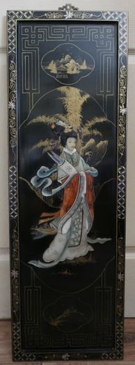 Vintage large Japanese Mother of Pearl Wall Panel / Black Lacquer Geisha Warrior & Floral ORIENTAL WALL ART