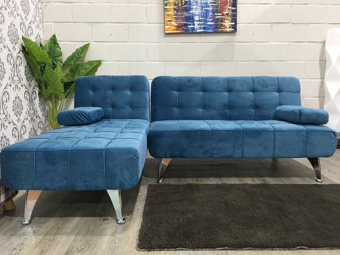 Blue L Shaped Sofa Bed, Converts to Sleeper