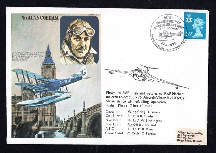 1976 Great Britain Illustrated Cover Commemorating 50th Anniversary of First Flight Britain to Australia and return tying 6 12d Machin Definitive Stamp. Cover flown from RAF Luqa to RAF Marham on Vicktor MK1 XA932