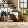 Bamboo Tilt Out Laundry Hamper, Bathroom Storage Cabinet with Hidden Removable Basket and 3 Sides Cutout Handles, Freestanding Kitchen Trash Can Cabinet, Walnut Image 2