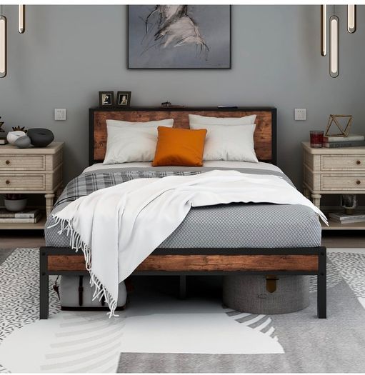 Double Bed Frame with Storage Headboard,Brown 4ft6 Metal Platform Bed frame with Wooden Headboard,Mattress Base,Underbed Storage,No Box Spring Needed